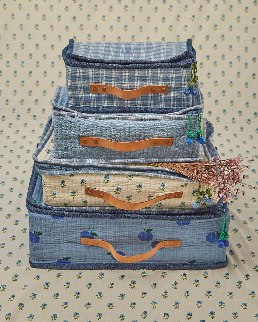 Grande valise - Fleuri écru et bleu