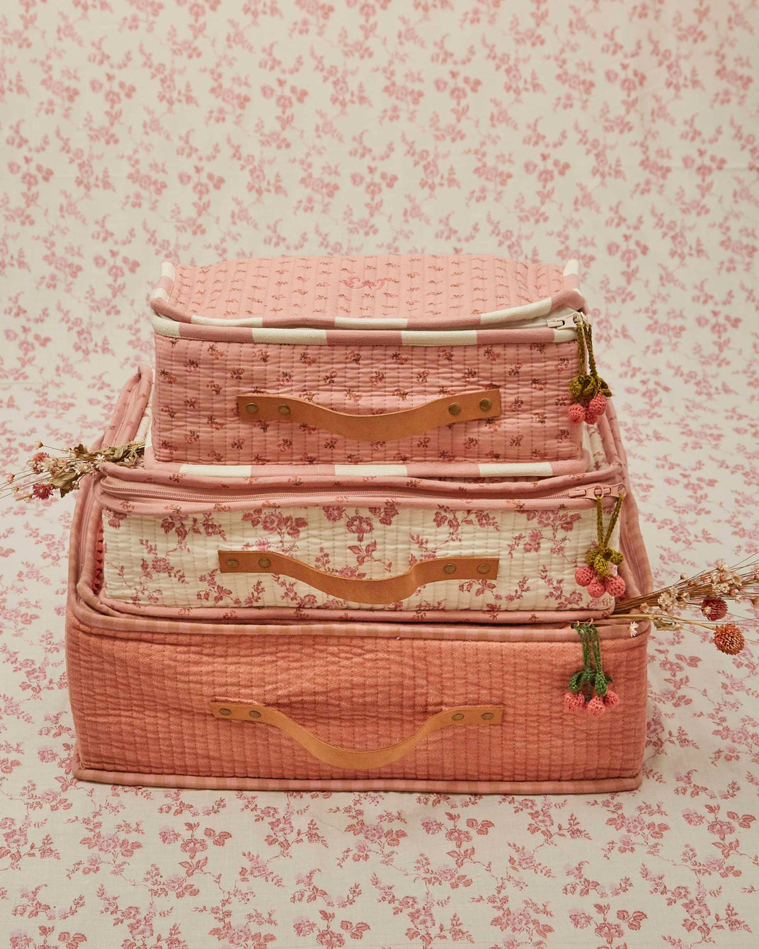 Grand valise - Fleuri écru et rose