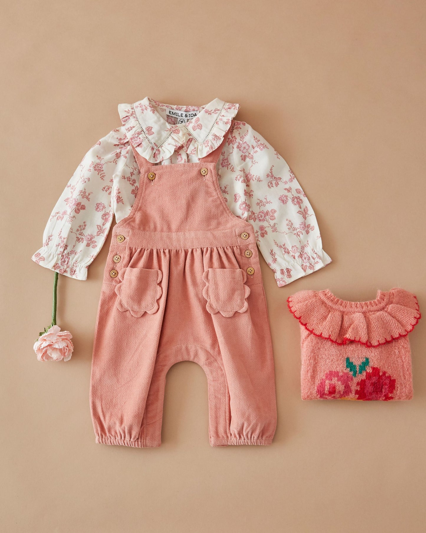 Blouse - Grand col fleuri écru et rose