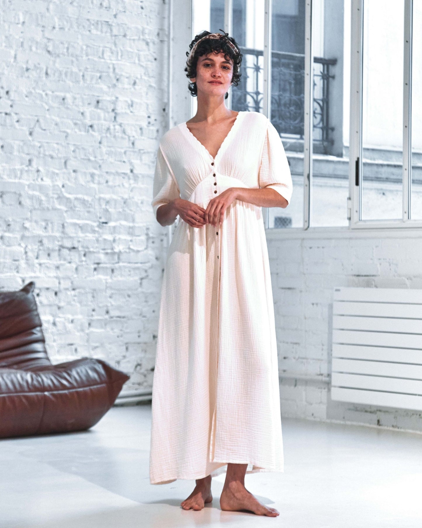 Long cream cotton gauze dress